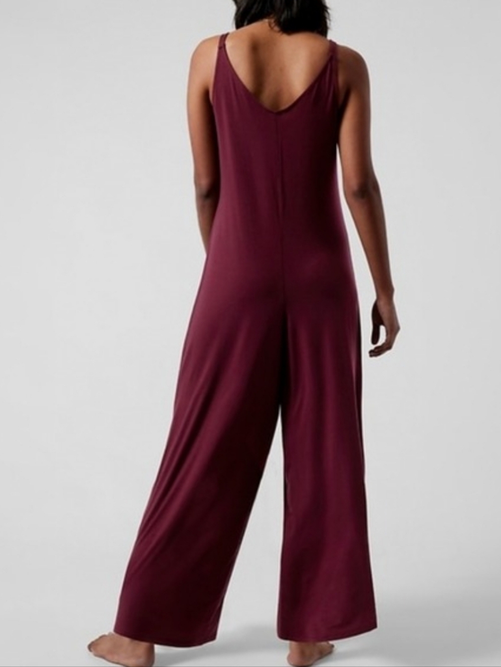 Athleta V Neck Night Time Bliss Sleep Romper Deep Burgundy Wide-Leg Jumpsuit - Picture 8 of 16